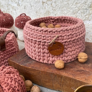 Vintage Pink Crochet Basket - Recycled Cotton Rope Basket - Storage Basket - Housewarming Gift - Gift for Grandma - Boho Style Basket