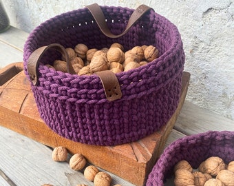 Crochet Purple Basket with Handles - Recycled  Rope Basket - Handmade Storage Basket - Cotton Rope Organizer - Housewarming Gift