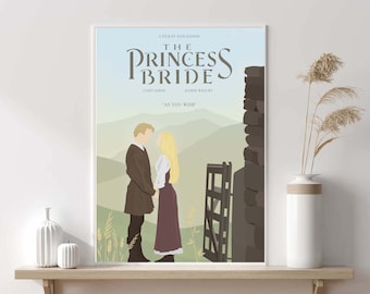 May include: A movie poster for "The Princess Bride" featuring Cary Elwes and Robin Wright in a romantic scene. The poster has a green, brown, and blue color scheme with a quote from the movie, "As You Wish."