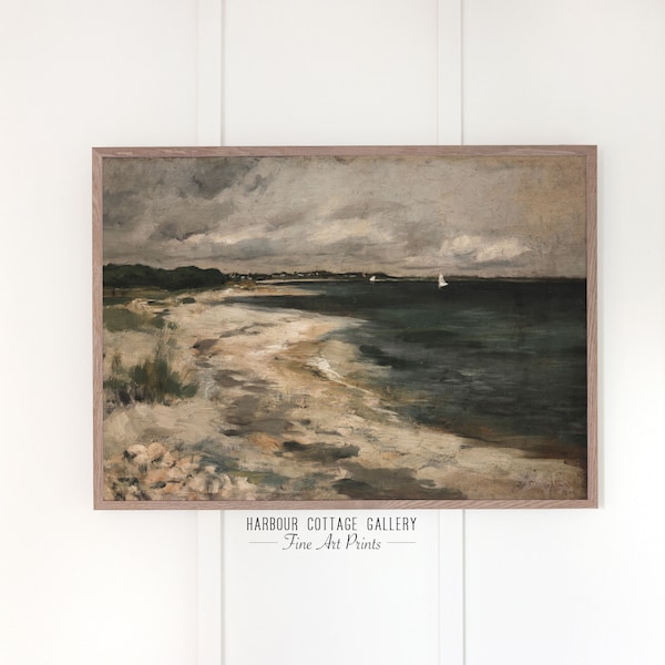 Coastal Wall Art Large Vintage Oil Painting, Dark Moody Vintage Art, Printed and Shipped | 346 Beach