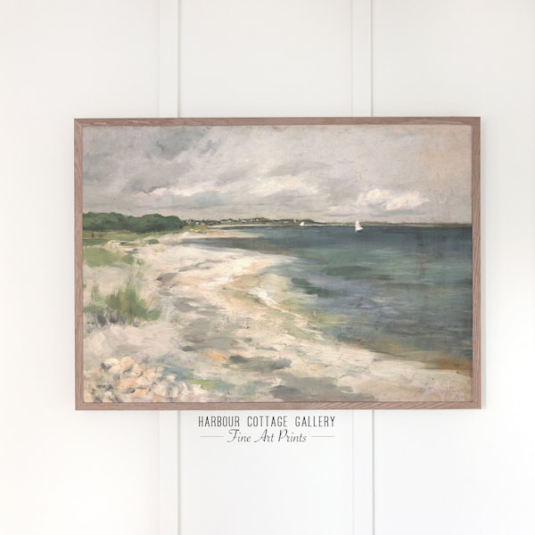 Beach Painting Vintage, Oil Painting Landscape Above Bed Art Print, Printed and Shipped  | 346 Beach