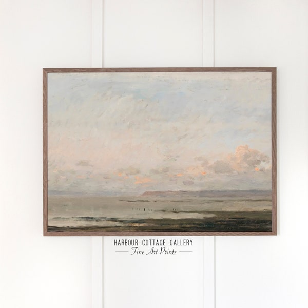 Peinture de paysage marin vintage, Peinture de paysage antique, Art mural de plage, Impression de ciel nuageux