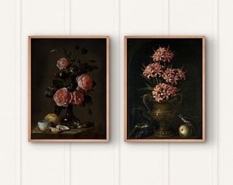 Ensemble de 2 impressions de fleurs sombres, ensemble de peinture florale morose, peintures de nature morte, ensemble d’art mural de fleurs vintage | 293 fleurs et 305 natures mortes