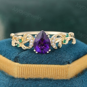 Pear cut Amethyst engagement ring Vintage yellow gold emerald ring Leaf ring Dainty diamond ring Bridal women gift ring Anniversary ring