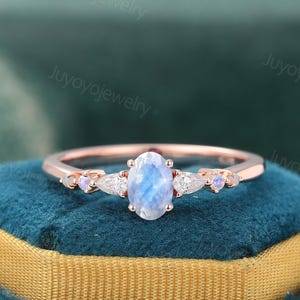 Oval cut Moonstone engagement ring Vintage rose gold moonstone Diamond ring Dainty natural Opal Bridal women gift ring Anniversary ring