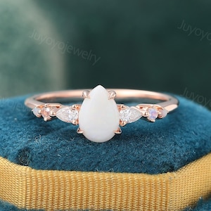 Pear shaped Opal engagement ring Vintage rose gold moonstone Diamond ring Dainty natural Opal Bridal women gift ring Anniversary ring