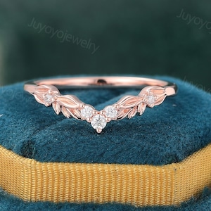 Curved Diamond wedding band Vintage rose gold wedding band leaf ring diamond bridal ring matching wedding Stacking ring anniversary gift