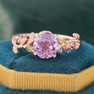 Amethyst engagement ring Vintage rose gold Marquise cut peridot ring Leaf ring Dainty Amethyst ring Bridal women gift ring Anniversary ring