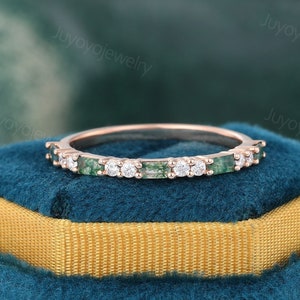 Baguette cut moss agate wedding band Half eternity moissanite ring Vintage rose gold ring Dainty bridal diamond ring Matching stacking ring