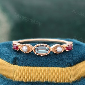 Baguette cut alexandrite wedding band Rose gold Ruby wedding band Pearl London blue topaz stacking matching ring Antique anniversary band