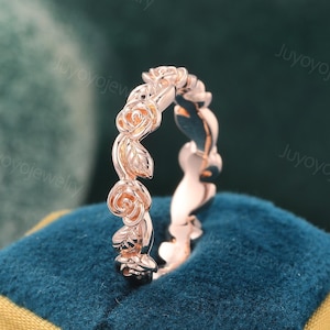 Vintage rose gold wedding band Solid gold wedding ring dainty floral ring matching Stackable ring Simple promise ring Anniversary gift