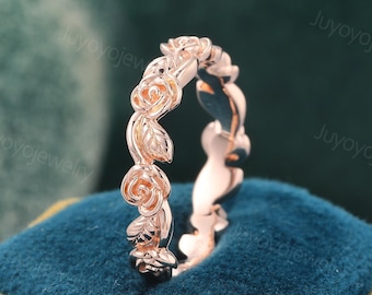 Vintage rose gold wedding band Solid gold wedding ring dainty floral ring matching Stackable ring Simple promise ring Anniversary gift