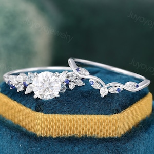 Unique moissanite engagement ring set White gold sapphire ring set Aquamarine cluster ring Marquise cut diamond bridal set Promise ring