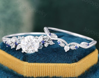 Unique moissanite engagement ring set White gold sapphire ring set Aquamarine cluster ring Marquise cut diamond bridal set Promise ring