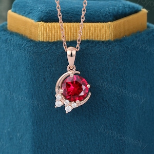 Vintage ruby necklace Solid rose gold Crescent moon necklace Unique moissanite necklace Sun moon pendant Dainty necklace Diamond pendant