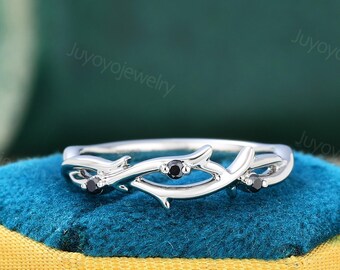 Black Diamond wedding band Unique leaf ring white gold Silver band woman promise ring vintage Diamond matching vine ring anniversary band