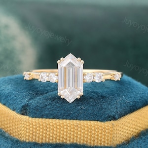 Elongated hexagon Moissanite engagement ring Vintage yellow gold bridal ring Dainty diamond ring 1/4 eternity promise ring anniversary ring