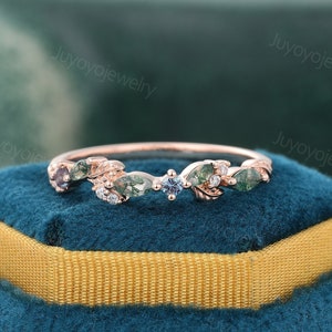 Unique Marquise cut Moss agate wedding band rose gold Alexandrite wedding band women leaf Moissanite ring Stackable ring Anniversary ring