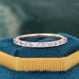 Baguette cut aquamarine wedding band Half eternity moissanite ring Vintage rose gold ring Dainty bridal diamond ring Matching stacking ring