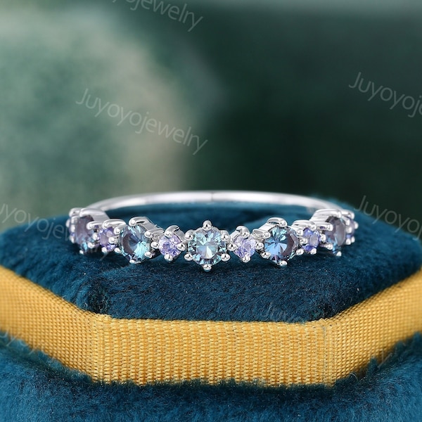 Alexandrite wedding band Tanzanite Half eternity band white gold ring vintage ring dainty bridal ring stacking matching ring gift for her