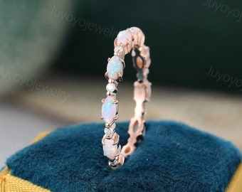 Vintage opal wedding band Rose gold full eternity wedding band Marquise moissanite matching ring Antique anniversary band Gift for her