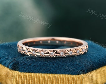 Anillo de boda de diamantes Anillo de boda vintage de oro rosa Anillo de filigrana Anillo de moissanita de eternidad completa Anillo apilable Regalo de aniversario para ella