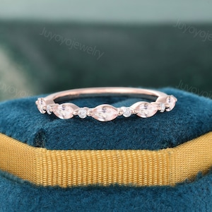 Half eternity morganite wedding band Rose gold moissanite wedding band Marquise cut matching ring Diamond stacking ring Dainty marriage ring