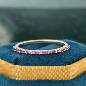 Vintage Baguette cut Amethyst wedding band Unique 14k Yellow gold half eternity ring Dainty bridal ring women Matching stacking Promise band