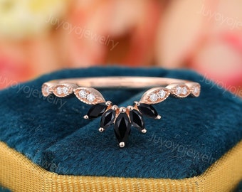 Marquise cut Black Onyx Curved wedding band Unique Rose gold diamond wedding band Vintage woman Diamond wedding matching Stacking ring