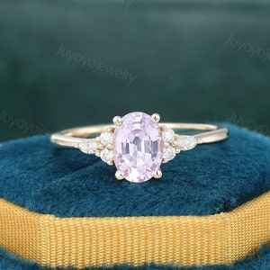 Oval pink sapphire engagement ring Unique yellow gold Bridal ring Marquise cut diamond cluster ring Danity promise ring Anniversary gift