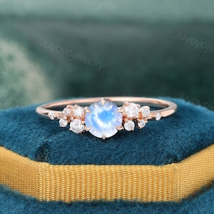 Unique 5mm Moonstone engagement ring Vintage rose gold Diamond ring Unique diamond bridal ring Delicate promise ring Anniversary ring