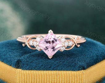 Unique Princess cut Pink sapphire engagement ring rose gold Moissanite ring Dainty Milgrain Bridal diamond ring Anniversary promise ring