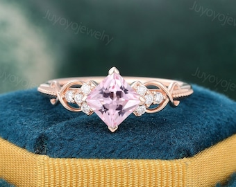 Unique Princess cut Pink sapphire engagement ring rose gold Diamond ring Dainty Milgrain Bridal ring Anniversary promise ring women gift