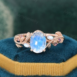 Oval cut moonstone engagement ring Vintage rose gold vine ring Marquise cut moonstone bridal ring Amethyst Promise ring Leaf marriage ring