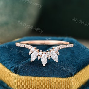 Marquise cut Diamond Curved wedding band Vintage Rose gold wedding band dainty bridal diamond matching wedding Stacking ring gift for her