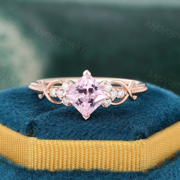 Unique Princess cut Pink sapphire engagement ring rose gold Moissanite ring Dainty Milgrain Bridal diamond ring Anniversary promise ring