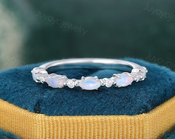Marquise opal wedding band White gold half eternity wedding band Vintage moissanite matching ring Antique anniversary band Gift for her