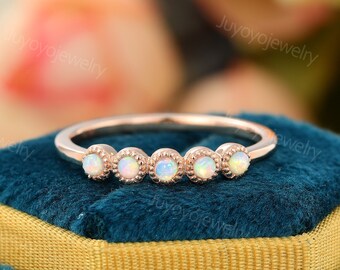 Unique Opal wedding band Rose gold wedding band woman wedding ring matching wedding Stacking ring art deco ring anniversary gift for her