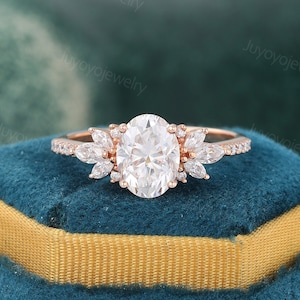Oval cut Moissanite engagement ring Vintage rose gold bridal ring Marquise cut diamond ring Half eternity Marriage ring Anniversary ring