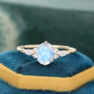 Oval cut moonstone engagement ring Yellow gold Marquise cut diamond ring 3/4 eternity twisted bridal ring Marriage ring Anniversary ring