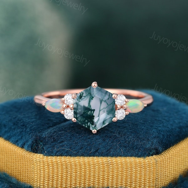 Hexagon Moss Agate engagement ring Vintage rose gold engagement ring opal ring diamond dainty bridal ring promise ring Anniversary gift