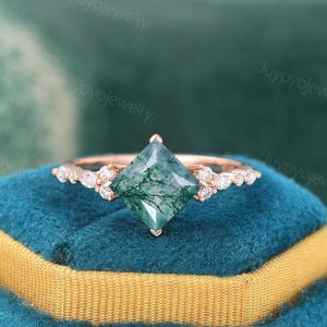 Princess cut Moss agate engagement ring Rose gold wedding ring Marquise cut diamond Vintage ring Dainty women promise ring Anniversary gift
