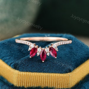 Dainty Marquise cut Ruby Curved wedding band Vintage Rose gold diamond ring dainty bridal diamond matching wedding Stacking ring for her