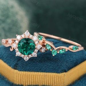 Antique emerald engagement ring set Vintage rose gold moissanite ring set Dainty halo diamond ring set Marquise cut bridal set Promise ring