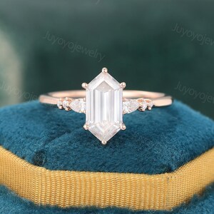 Long hexagon cut Moissanite engagement ring Vintage Rose gold ring Pear cut diamond ring Art deco promise ring anniversary ring gift for her