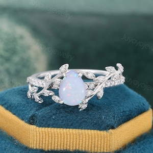 Pear cut opal engagement ring White gold leaf bridal ring Vintage diamond ring Half eternity promise ring Art deco marriage ring