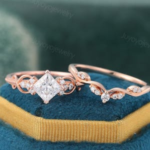 Princess cut Moissanite ring set Vintage rose gold engagement ring set Diamond cluster bridal set women gift Anniversary ring Promise ring