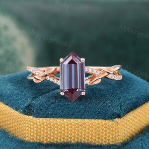 Elongated Hexagon cut alexandrite engagement Rose gold Diamond bridal ring Twisted leaf ring Art deco bridal ring Anniversary ring