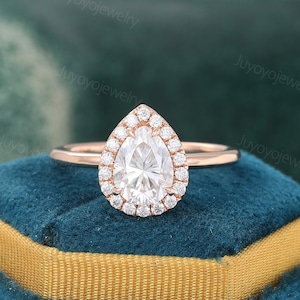 Pear shaped Moissanite engagement ring Rose gold halo ring Dainty diamond bridal ring Art deco wedding ring Promise ring anniversary ring