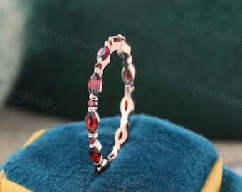 Full eternity Marquise cut Garnet wedding band Unique rose gold wedding band Dainty Matching Stacking ring Anniversary band ring for her